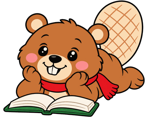 La mascotte castor de Citoyenneté canadienne 2027 en train de lire le guide Découvrir le Canada