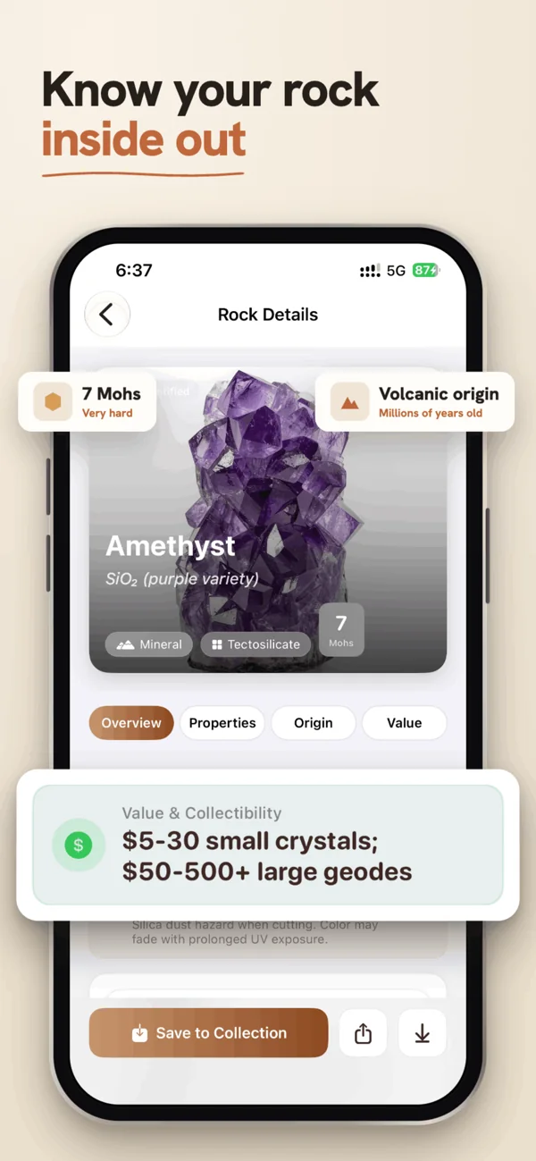 Rockiva mineral details and properties screen