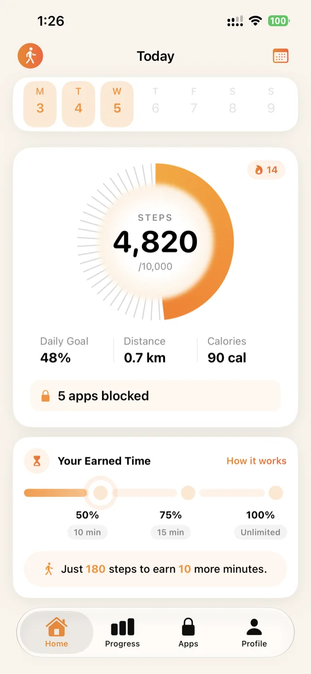 WalkFirst home screen showing steps walked toward today's goal