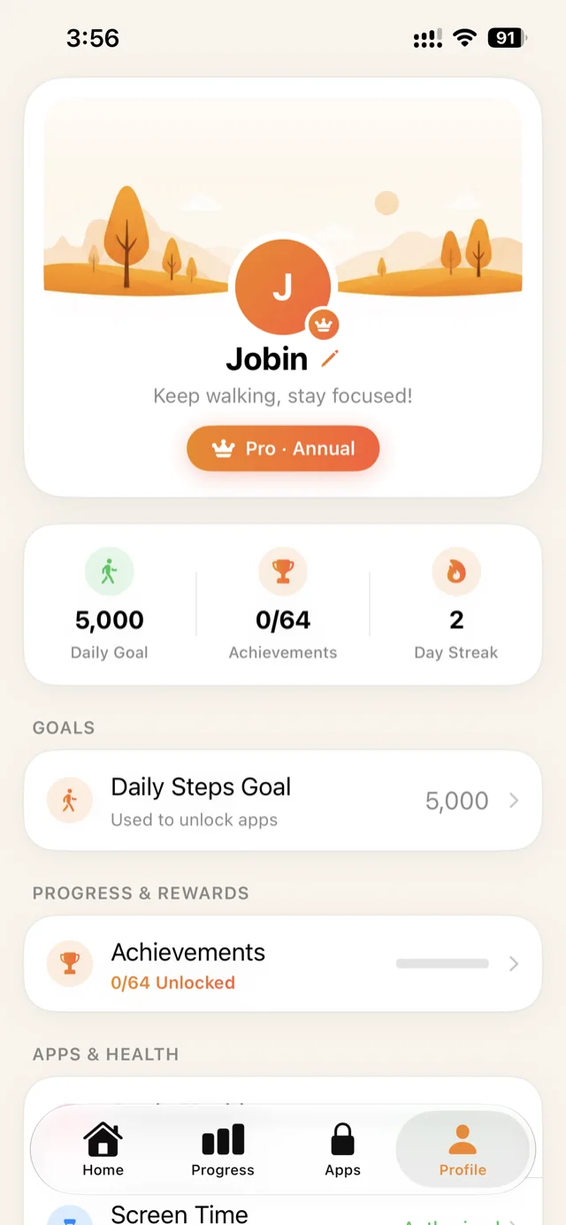 WalkFirst profile screen with daily goal, achievements and streak
